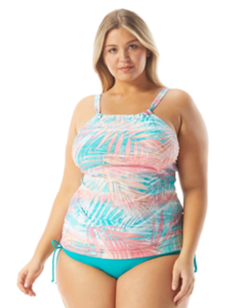 Front of a model wearing a size 16W Blair High Neck Tankini in ALOHA JADE - 353 by Beach House Woman. | dia_product_style_image_id:269122